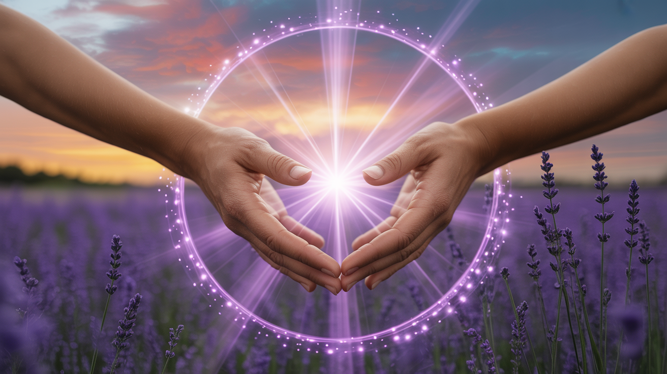 Energia Reiki com luz violeta irradiando harmonização
